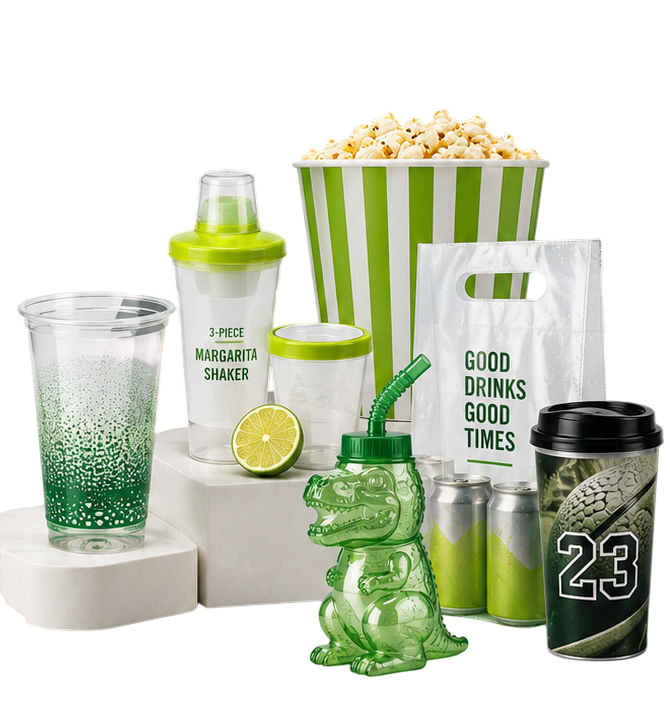 Custom drinkware: PET stadium cups, margarita shakers, popcorn buckets, character sippers and promotional packaging